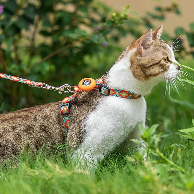 Cat Harness and Leash Escape Proof for Walking Travel Outdoor - Soft Nylon Adjustable Cute Cat Harness Leash Set with Airtag Holder for Small Large Cats