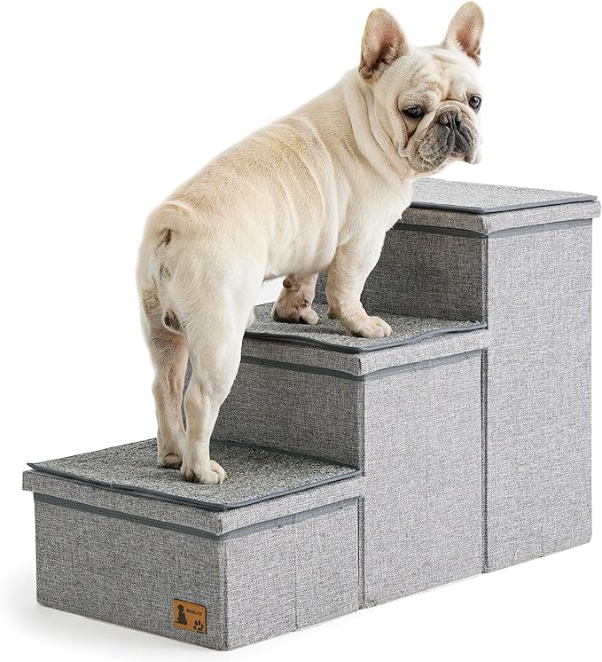 BEDELITE Dog Stairs for Small Medium or Large Dogs, 3 Tiers Dog Steps for High Bed and Couch 17" H, Foldable Pet Stairs Up to 200Lbs with Detachable Mats & Storage, Grey