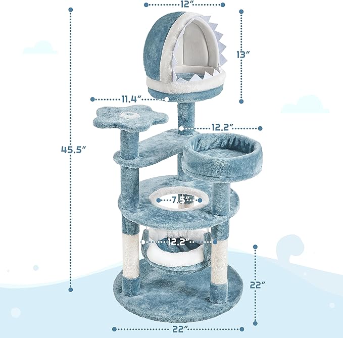 Yaheetech 45.5in Ocean-Themed Cat Tree Multi-Level Cat Tower, Plush Cat Furniture with Shark's Mouth-Shaped Nest, Sea Star-Shaped Perch, Jellyfish-Style Hammock for Indoor Cat Kitty