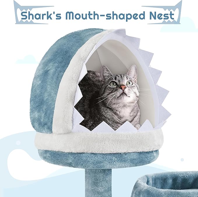 Yaheetech 61in Tall Ocean-Themed Cat Tree, Multi-Level Cat Tower with Shark's Mouth-Shaped Nest, Fish-Shaped Platform, Sisal Scratching Posts, Plush Cat Bed Furniture as Cat Kitty Activity Center