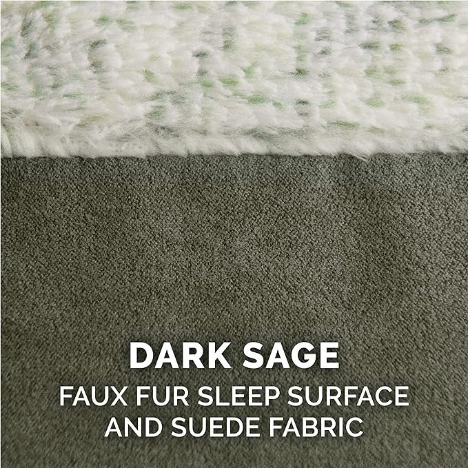 Furhaven Cooling Gel Dog Bed for Medium/Small Dogs w/ Removable Bolsters & Washable Cover, For Dogs Up to 35 lbs - Two-Tone Plush Faux Fur & Suede L Shaped Chaise - Dark Sage, Medium