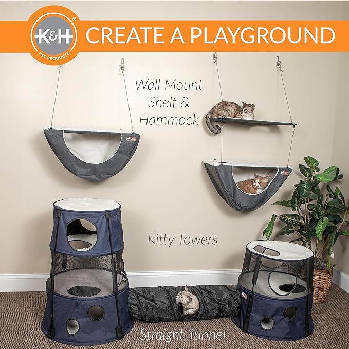 K&H Pet Products Wall Mount Cat Shelf Plus Cat Hammock for Large Cats, Kitten & Adulate Wall Cat Tree Furniture Activity Center Playground for Indoor Cats - Single Shelf Gray/Natural 23 X 12 Inches