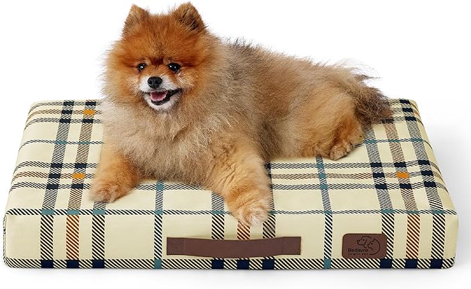 Bedsure Small Patterned Dog Bed for Small Dogs, Outdoor Waterproof Orthopedic Egg Foam Dog Bed Comfort Pet Mats for Crate with Removable Washable Cover(24"x16", Cream)