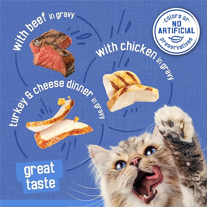 Purina Friskies Gravy Wet Cat Food Variety Pack, Shreds Beef, Chicken and Turkey & Cheese Dinner - (Pack of 24) 5.5 oz. Cans