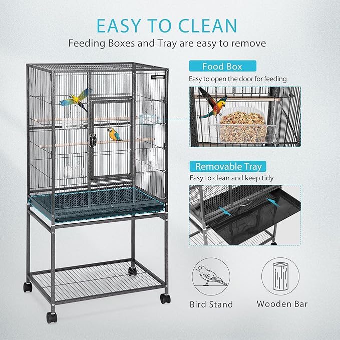 VIVOHOME 54 Inch Wrought Iron Large Bird Flight Cage with Rolling Stand for Parakeets Canaries Cockatiels Lovebirds Conures, Black