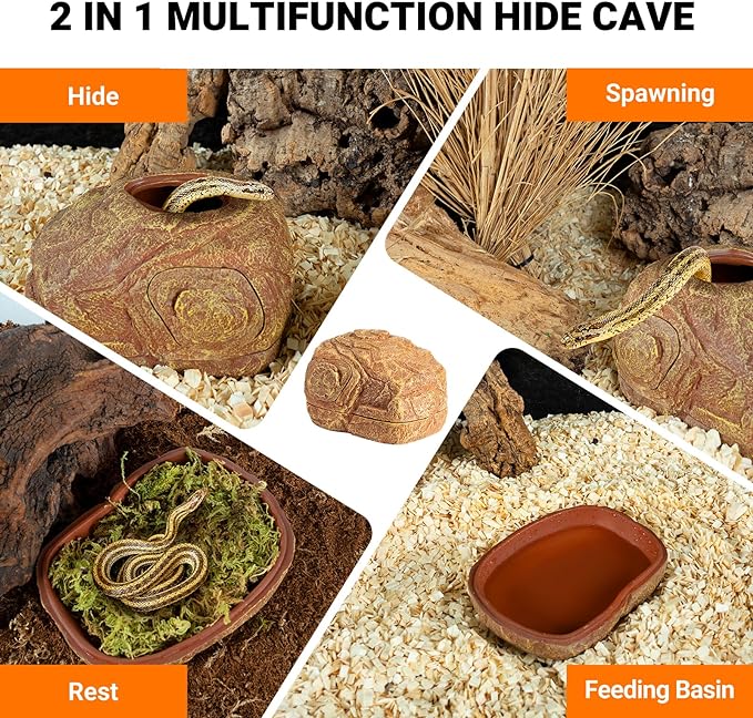 REPTI ZOO Gecko Hide Cave, 2 in 1 Snake Reptile Hideout for Hide & Rest & Breed & Feeding, Reptile & Amphibian Habitat Decor for Corn Snake, Small Snake, Ball Python, Crested Gecko, Leopard Gecko