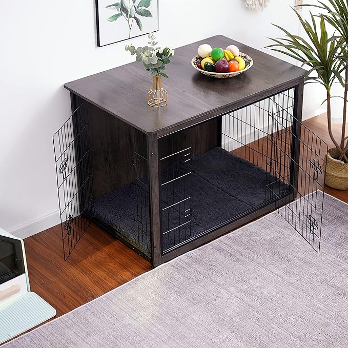 DWANTON Dog Crate Furniture with Cushion, XL Wooden Dog Crate with Double Doors, Large Dog Crate Furniture, Dog Kennel Indoor, End Table, Extra Large, 43.3" L, Dark Grey