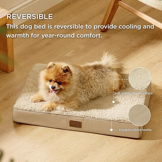 Bedsure Small Dog Bed for Small Dogs - Orthopedic Waterproof Dog Beds with Removable Washable Cover, Egg Crate Foam Pet Bed MatKhaki