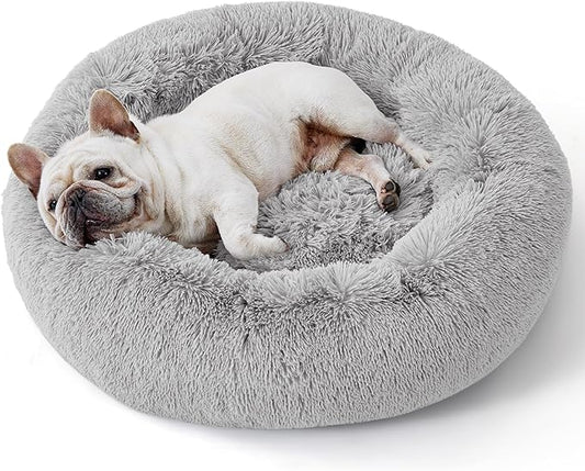 Bedsure Calming Dog Bed for Medium Dogs - Donut Washable Medium Pet Bed, 30 inches Anti-Slip Round Fluffy Plush Faux Fur Cat Bed, Fits up to 45 lbs Pets, Pale Grey