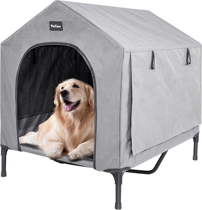 2 in 1 Dog House,Elevated Dog Bed with Removable Cover, Indoor & Outside Puppy Shelter Cot,Raised Dog Bed for Large Dogs & Cats (Grey, Large)