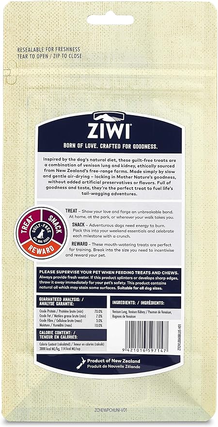 ZIWI Dog Chews and Treats – All Natural, Air-Dried, Single Protein, Grain-Free, High-Value Treat, Snack, Reward (Venison Lung and Kidney) 2.1 Ounce (Pack of 1)