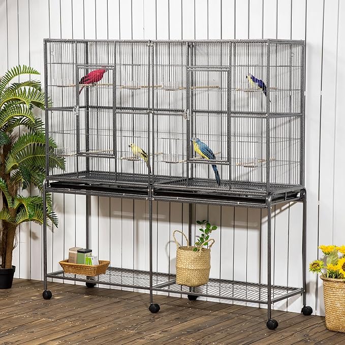 NicBex 64.25" Double Rolling Metal Bird Cage, Large Parakeet Cages with Stand,Pet Flight Birdcage for Parrot Lovebirds Finches Parakeets Budgie Parrotlet Conures,with Rolling Stand, Storage Shelf,Gray