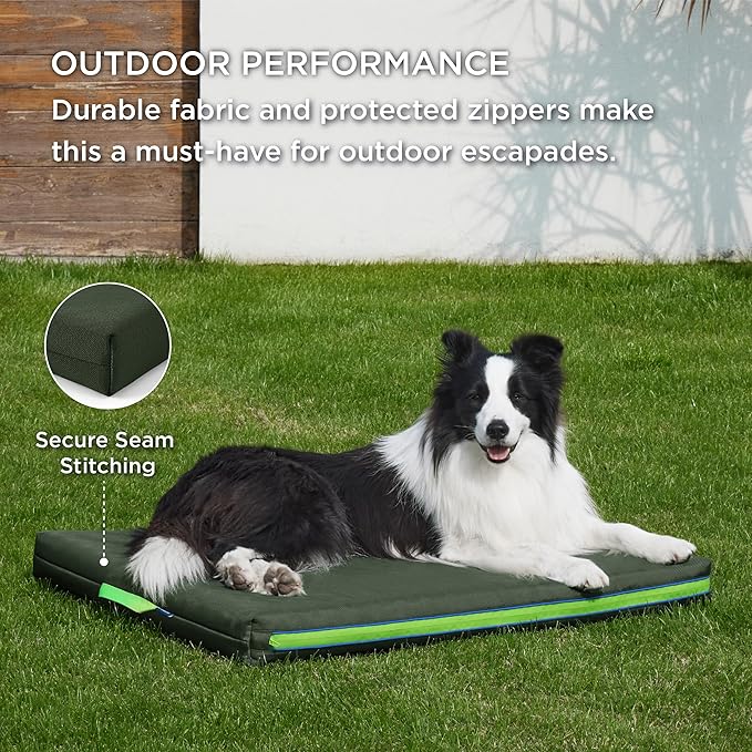 Bedsure Outdoor Waterproof Dog Bed with Heavy Duty Cover, Orthopedic Foam Supportive Dog Beds, Washable Dog Mat with Removable Cover for Large Dogs (36"x27", Moss Green)