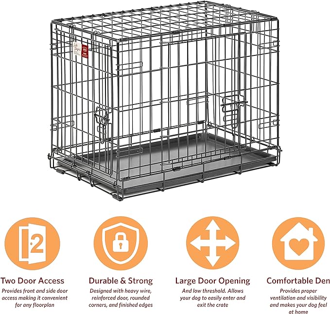 MidWest Homes for Pets Small Dog Crate, Life Stages 24' Double Door Folding Metal Dog Crate | Divider Panel, Floor Protecting Feet, Leak-Proof Dog Pan| 24L x 18W x 19H Inches, Small Dog Breed