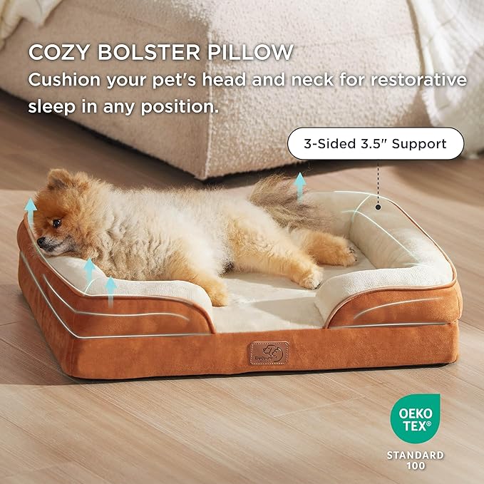 Bedsure Small Orthopedic Dog Bed - Washable Bolster Dog Sofa Beds for Small Dogs, Supportive Foam Pet Couch Bed with Removable Washable Cover, Waterproof Lining and Nonskid Bottom Couch, Caramel