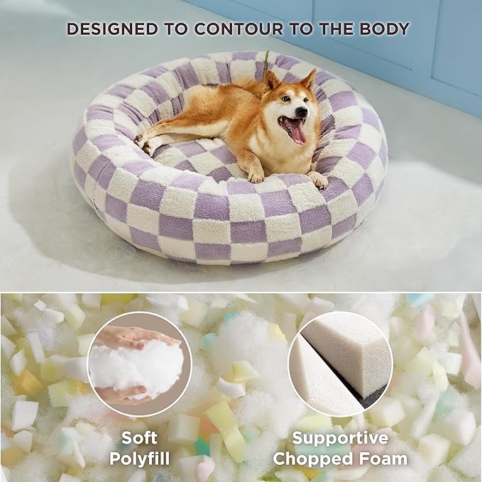 Lesure Donut Small Dog Bed - Round Cat Beds for Indoor Cats Anti-Anxiety Calming Pet Beds, Washable Cute Modern Beds with Teddy Sherpa Plush & Anti Slip Bottom Purple