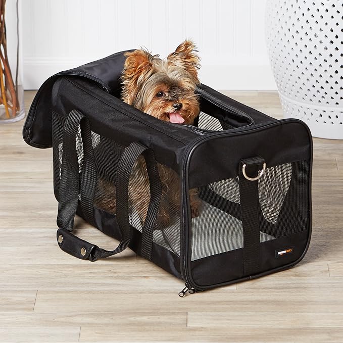 Amazon Basics Soft-Sided Mesh Pet Travel Carrier for Cat, Dog, Large, Black, 19.7 x 10.2 x 11.2 inches (LxWxH)