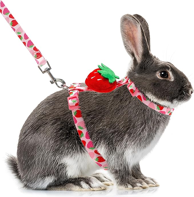 Rabbit Harness and Leash - Adjustable Bunny Harness Escape Proof for Walking Runnig Hiking Camping Outdoor - Pink Strawberry Pattern Cute Small Animal Harness Leash Set