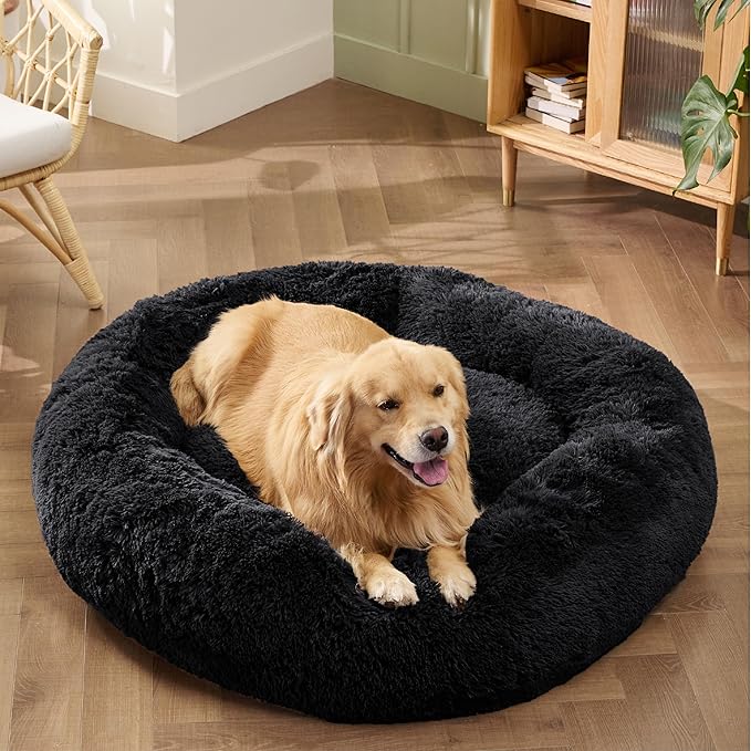 Bedsure Calming Dog Bed for Extra Large Dogs - Donut Washable Large Pet Bed, 45 inches Anti-Slip Round Fluffy Plush Faux Fur Dog Bed, Fits up to 125 lbs Pets, Black