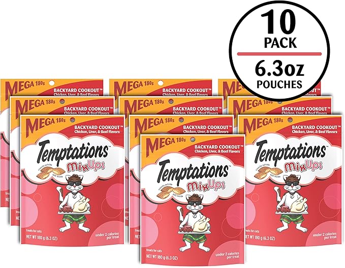 TEMPTATIONS MixUps Treats for Cats BACKYARD COOKOUT Flavor 6.3 Ounces (Pack of 10)