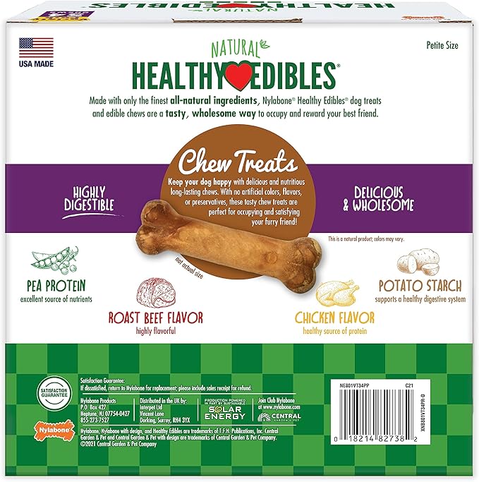 Nylabone Healthy Edibles Natural Dog Chews Long Lasting Chew Treats for Dogs, Roast Beef & Chicken Flavor, X-Small/Petite (34 Count)