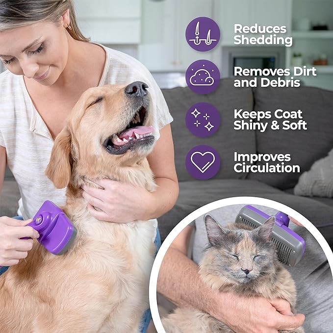 Hertko Dog & Cat Brush, Dog Brush for Shedding, Cat & Dog Grooming, Self Cleaning Slicker Brush for Pets, Grooming Brushes for Long Short Haired Dogs Cats, Deshedding Brush Rake | Original + Scissors