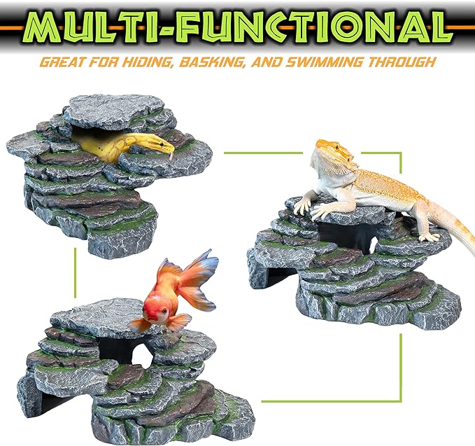 Cliff & Cave Hideout Rainforest Series - Reptile Ledge Hide, Basking Rock, Terrarium & Aquarium Decor, Decorative Resin for Lizards, Fish, Snakes, Amphibians, Small Animals