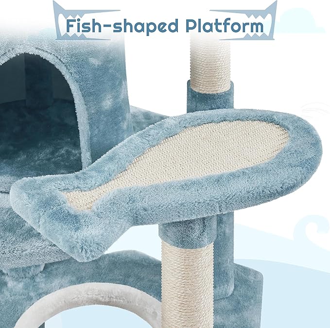 Yaheetech 61in Tall Ocean-Themed Cat Tree, Multi-Level Cat Tower with Shark's Mouth-Shaped Nest, Fish-Shaped Platform, Sisal Scratching Posts, Plush Cat Bed Furniture as Cat Kitty Activity Center