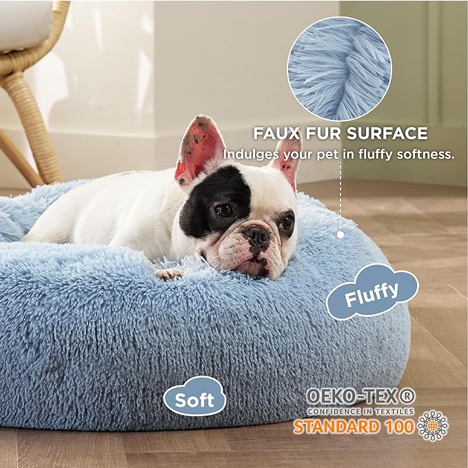 Bedsure Calming Dog Bed for Small Dogs - Donut Washable Small Pet Bed, Round Anti-Slip Fluffy Plush Faux Fur Large Cat Bed, Fits up to 25 lbs Pets, Blue, 23 inches