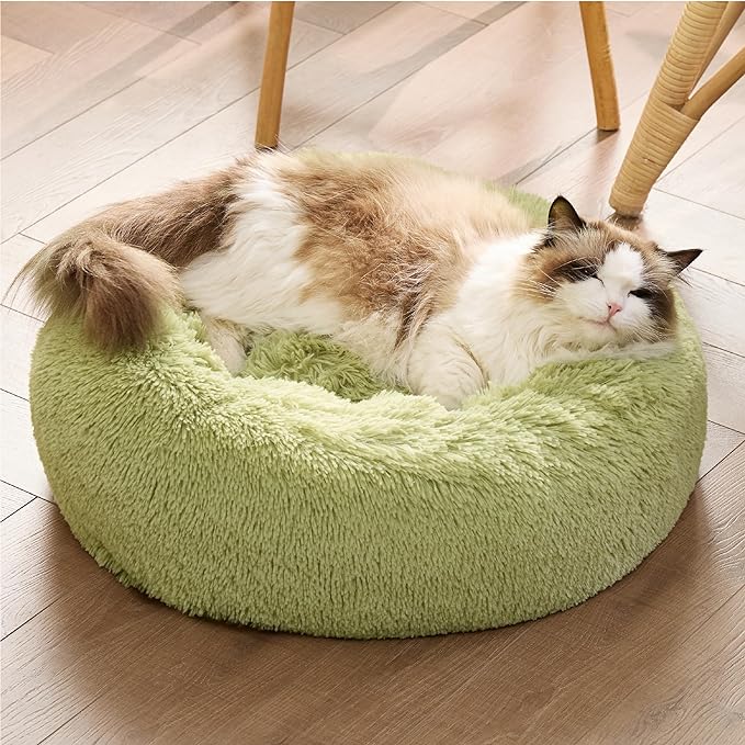 Bedsure Calming Cat Bed for Indoor Cats - Small Washable Round Cat Bed, Anti-Slip Fluffy Plush Faux Fur Pet Bed, Fits up to 15 lbs Pets, Green, 20 inches