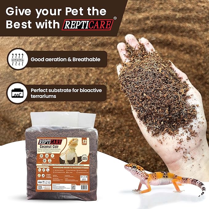 ReptiCare Coconut Fiber Substrate for Reptiles 12 Q, Organic Ready to Use - Odor Absorbent Coco Coir Terrarium Bedding for Ball Pythons, Boas, Snakes, Tortoises, Geckos, Frogs and Tarantulas