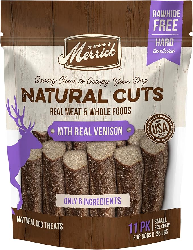 Merrick Natural Cuts Chicken Free Non Rawhide Small Dog Treats, Hard Texture Chew Sticks With Real Venison - 11 ct. Pouch