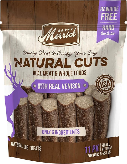 Merrick Natural Cuts Chicken Free Non Rawhide Small Dog Treats, Hard Texture Chew Sticks With Real Venison - 11 ct. Pouch