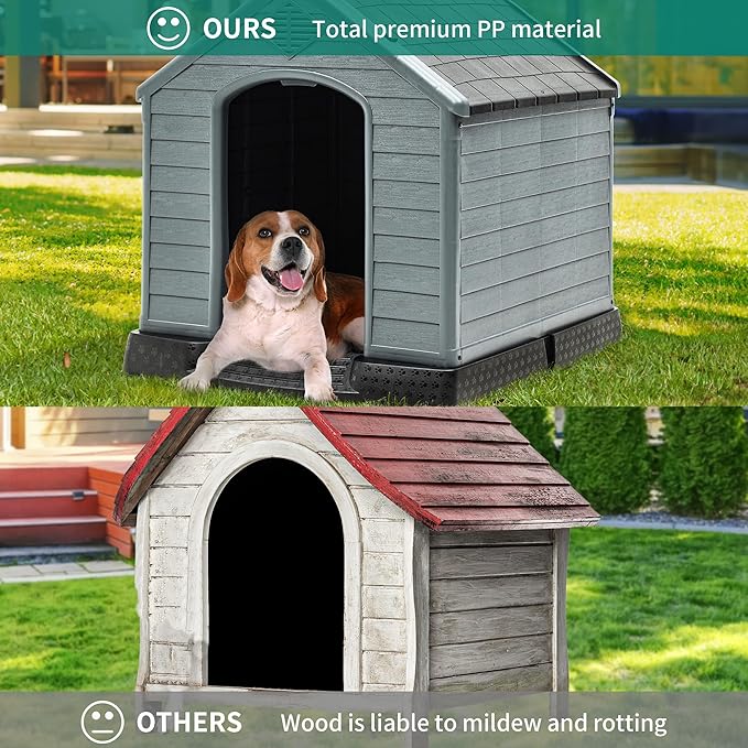 YITAHOME 34.5'' Large Plastic Dog House Outdoor Indoor Doghouse Puppy Shelter Water Resistant Easy Assembly Sturdy Dog Kennel with Air Vents and Elevated Floor (34.5''L*31''W*32''H, Black+Gray)