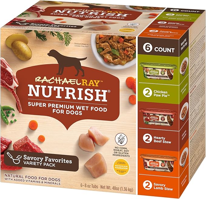 Rachael Ray Nutrish Premium Natural Wet Dog Food with Added Vitamins & Minerals, Savory Favorites Variety Pack, 8 Ounce Tub (Pack of 6)