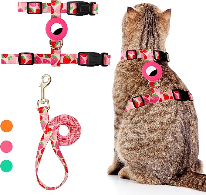 Cat Harness and Leash Escape Proof for Walking Travel Outdoor - Cute Strawberry Nylon Adjustable Cute Cat Harness Leash Set with Airtag Holder for Small Large Cats