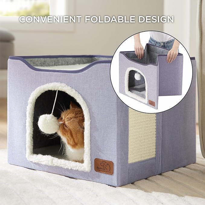 Bedsure Cat Beds for Indoor Cats - Large Cat Cave for Pet Cat House with Fluffy Ball Hanging and Scratch Pad, Foldable Cat Hideaway,16.5x16.5x13 inches, Light Purple