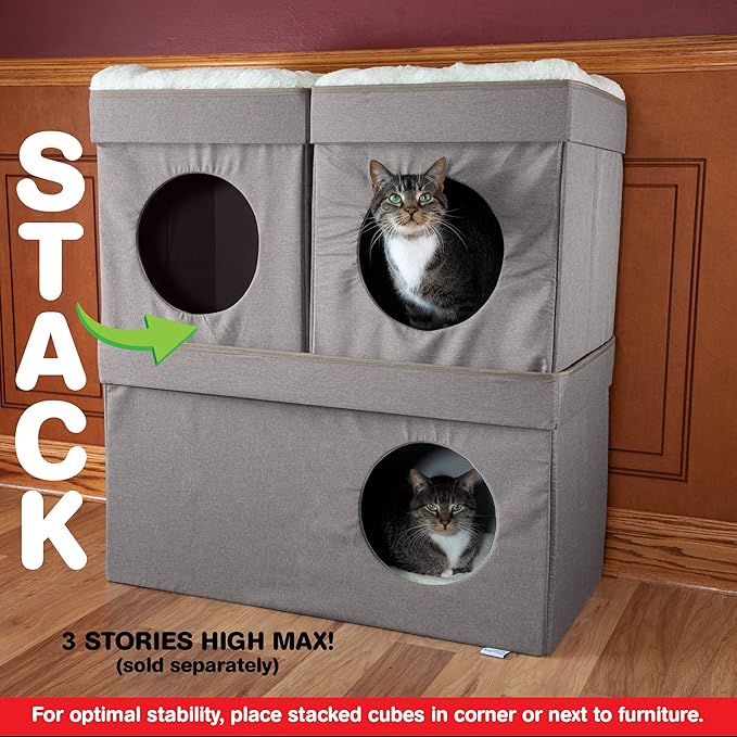 Kitty City Large Stackable Tan Cat Condo, Cat Cube, Cat House, Pop Up Bed, Cat Ottoman (CM-10074-CS01)