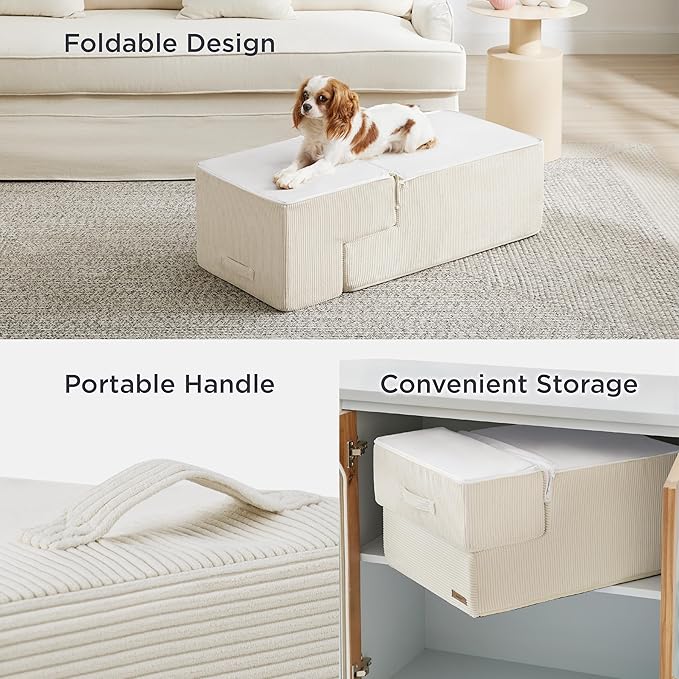 Lesure Dog Stairs for High Beds, Extra Wide Pet Stairs, 3-Steps Dog Steps for Medium/Small Dogs and Old Cats, Foldable Dog Steps with CertiPUR-US Certified Foam and Non-Slip Bottom, Beige