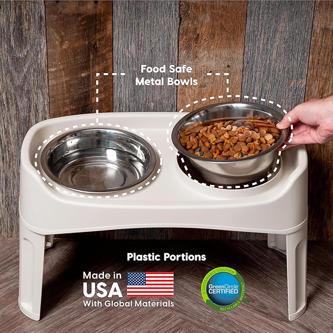 IRIS USA Elevated Dog Bowls, Adjustable Height, 2 Thick 64 oz Stainless Steel Bowls, Spill-Proof with Raised Outer Rim, Durable Made in USA Plastic, Easy Assemble, 2 Heights 4.63" or 12.25" Almond