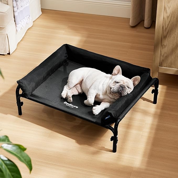 Bedsure Elevated Raised Outdoor Dog Bed - Cooling Dog Cot Bed with Bolster for Medium Dog, Lifted Pet Bed with Durable Breathable Teslin Mesh, Dog Hammock Bed with Non-Slip Feet, Black, 32 inches