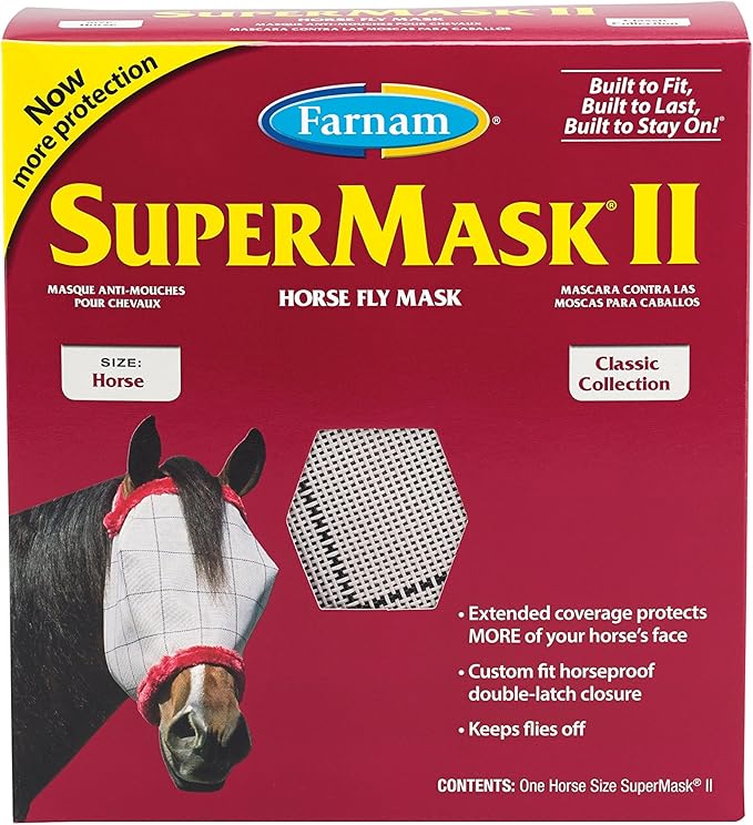 SuperMask II Fly Mask Without Ears for Average Size Horses, Full Face Coverage and Eye Protection from Insect Pests, Structured Classic Styling Mesh with Plush Trim, Horse Size