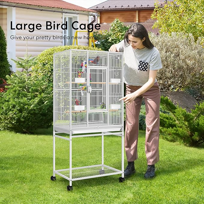 VIVOHOME 54 Inch Wrought Iron Large Bird Flight Cage with Rolling Stand for Parakeets Canaries Cockatiels Lovebirds Conures, White