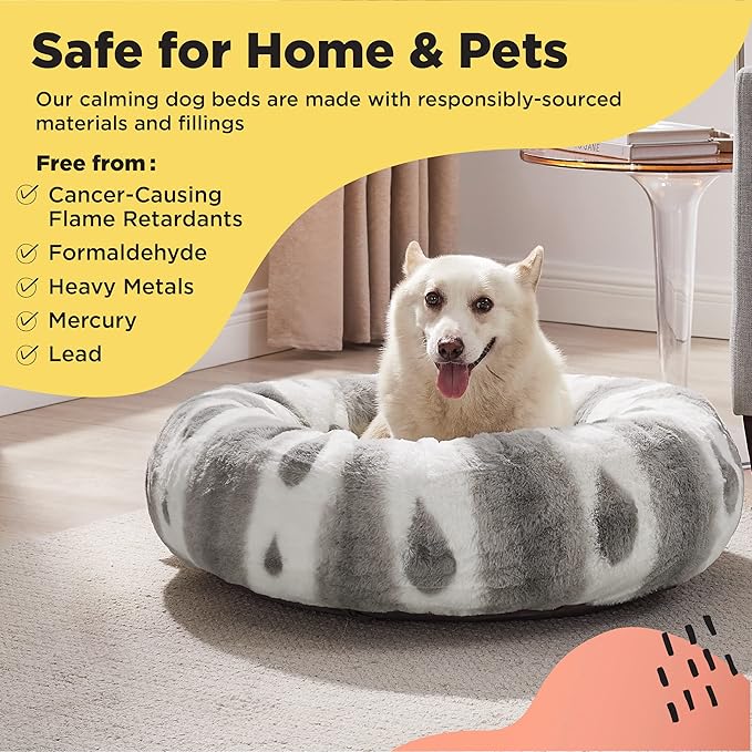 Best Friends by Sheri Patterned Lux Faux Fur Calming Large Donut Dog Bed, Gray, 30" x 30"