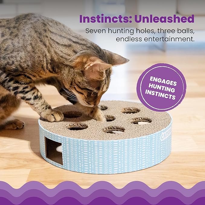 Catstages Scratch N' Hunt Puzzle Cat Toy, Cat Puzzle with Corrugated Scratcher Surface and Three Balls Inside, Blue