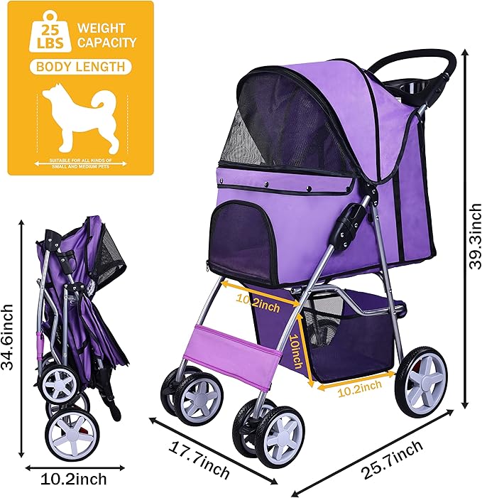 Pet Stroller, 4 Wheels Multifunction Dog Cat Stroller, Folding Portable Travel Stroller with Detachable Carrier, Suitable for Medium Small Dogs Cats