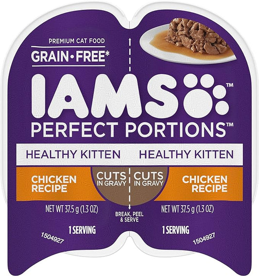 IAMS PERFECT PORTIONS Healthy Kitten Grain Free* Wet Cat Food Cuts in Gravy, Chicken Recipe, (24) 2.6 oz. Easy Peel Twin-Pack Trays