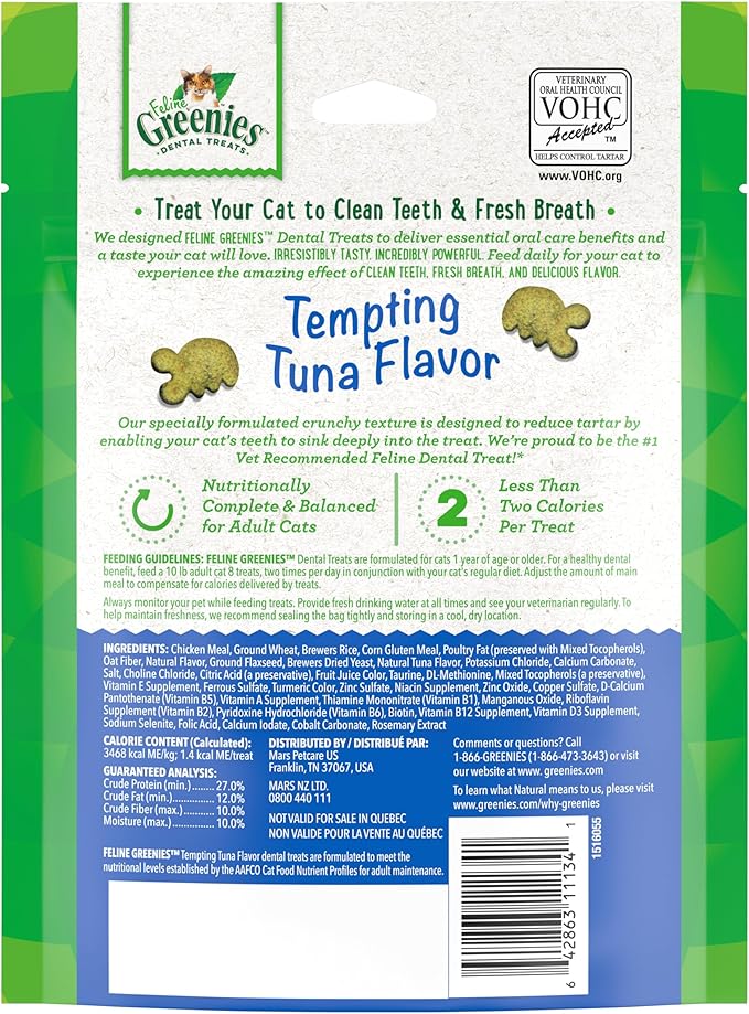 Greenies Feline Adult Natural Dental Care Cat Treats, Tempting Tuna Flavor, 4.6 oz. Pouch