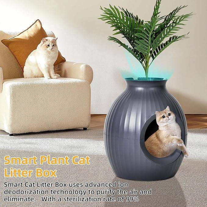 YITAHOME Smart Plant Litter Box with Odor Control & Sterilization System, Hidden Cat Litter Box Plant Furniturewith Led Light for Cats, Includes Scoop, Stones, Artificial Plants, Grey & Green