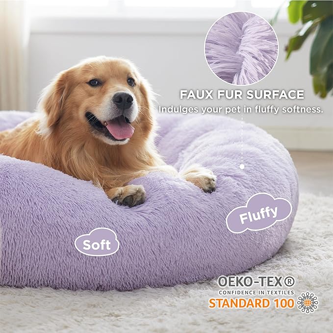 Bedsure Calming Dog Bed for Extra Large Dogs - Donut Washable Large Pet Bed, 45 inches Anti-Slip Round Fluffy Plush Faux Fur Dog Bed, Fits up to 125 lbs Pets, Purple